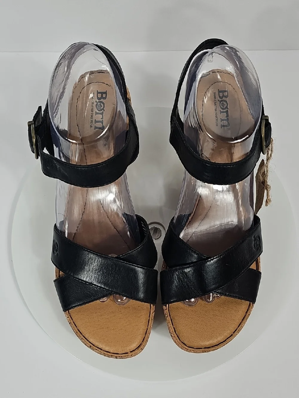 NWT Born Leather Wedge Sandals Cork-Style Platform Cross Strap Black 10 Boho